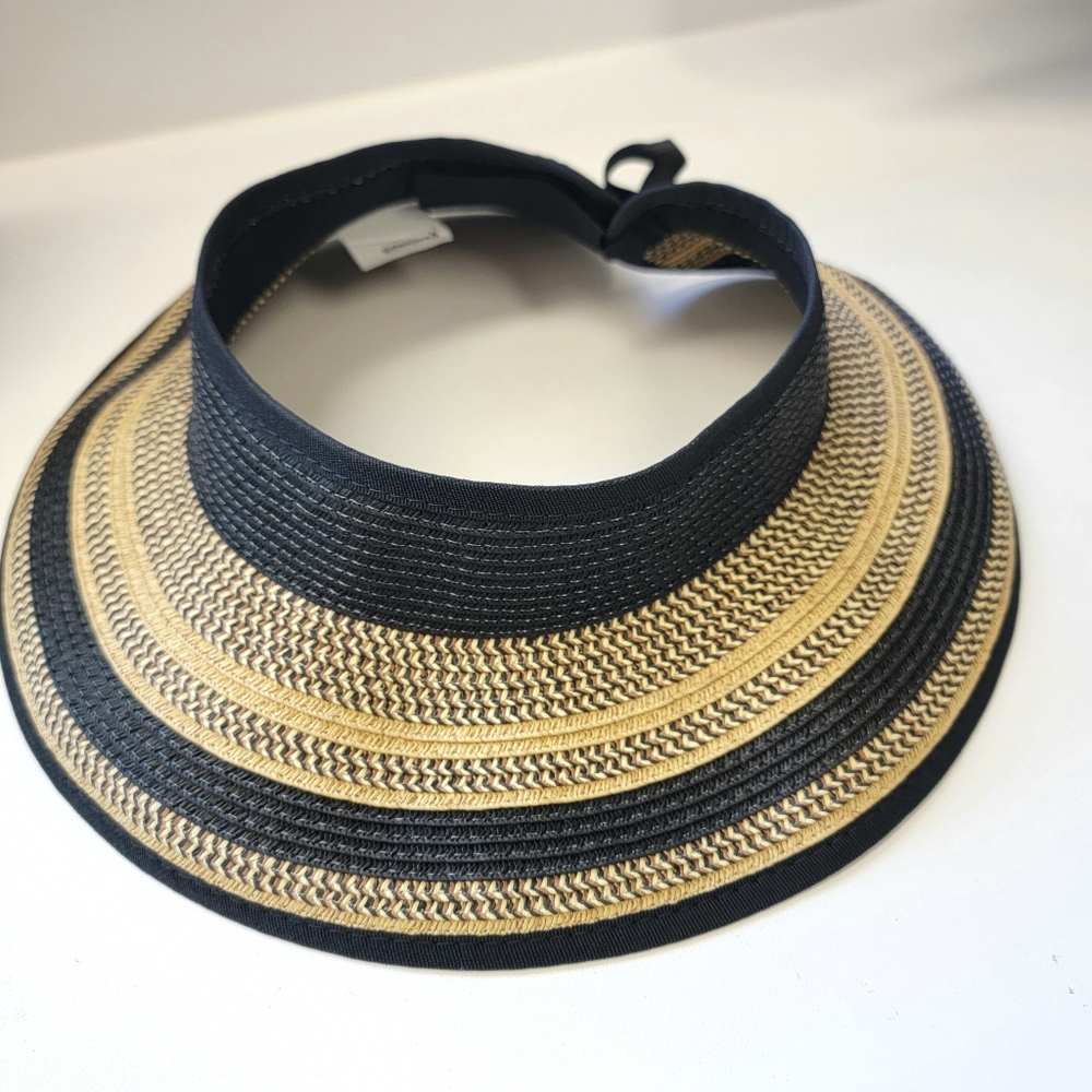 Sonoma Goods for Life Black Striped Roll Up Sun Hat Visor Woven Travel Gardening - Picture 3 of 6